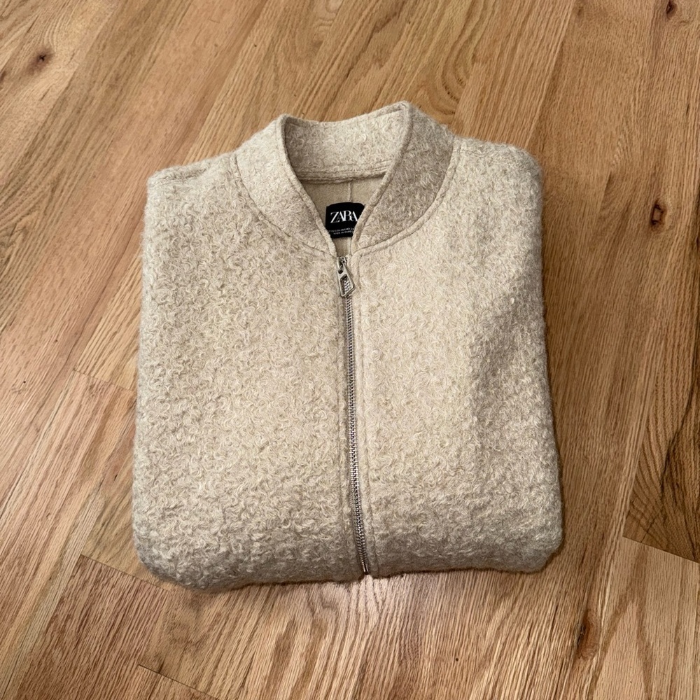 Zara Blogger Favorite Boucle Bomber Jacket Zip Cream Fuzzy Size XS - Small - Picture 10 of 12